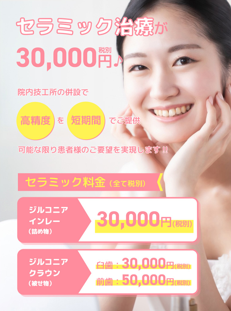 セラミック治療が30,000円（税別）院内技工所の併設で高精度を短期間でご提供。可能な限り患者様のご要望を実現します！！セラミック料金（全て税別）ジルコニアインレー（詰め物）30,000円（税別）・ジルコニアクラウン（被物）・臼歯：30,000円（税別）・前歯：50,000円（税別）